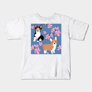 Cute Corgi Dogs and blue denim floral Kids T-Shirt